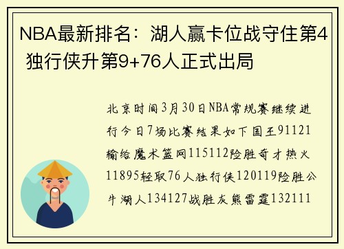 NBA最新排名：湖人赢卡位战守住第4 独行侠升第9+76人正式出局